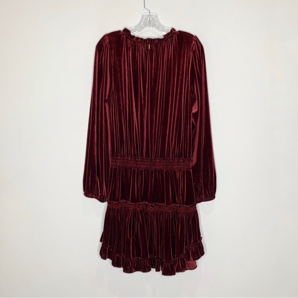 MISA Lorena Velvet Mini Dress (Sz L) V-Neck Long Sleeve Tassels Wine - Picture 7 of 11